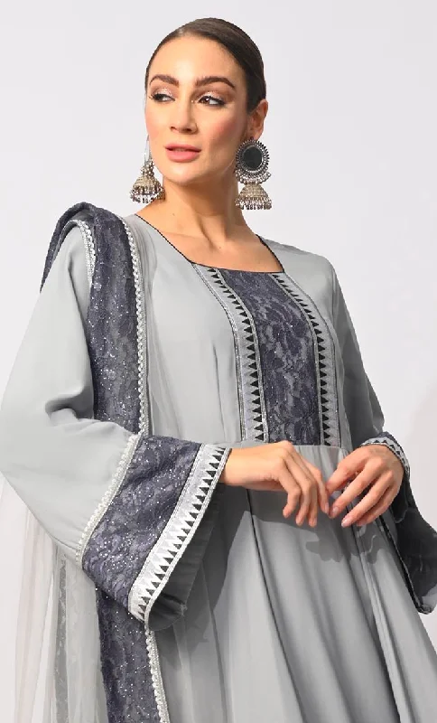 3 Pc Grey Anarkali Set with Intricate Foil Print and Lace Detailing