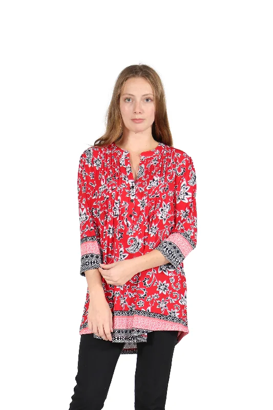 La Cera Pleat Front Printed Tunic With Border Print